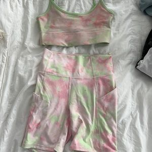 Fabletics pink and green workout set (bra and spandex shorts)